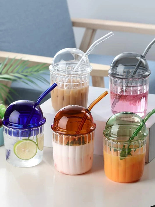 Cute Glass Tumbler with Dome Lid & Straw – Perfect for Drinks On-the-Go