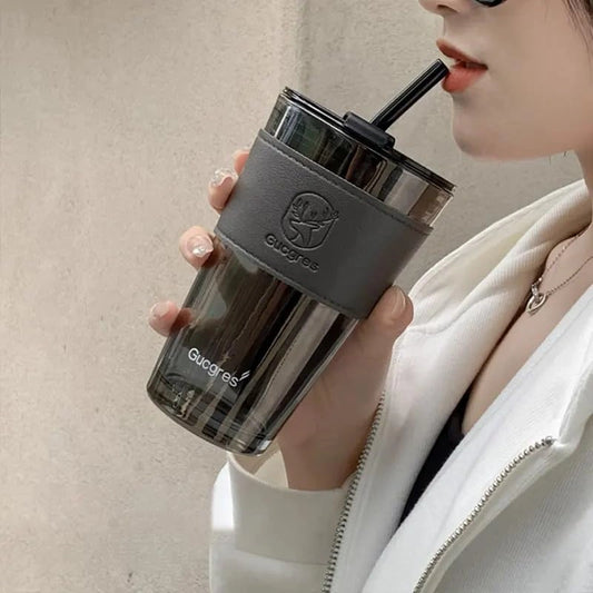 Leather Sleeve Glass Tumbler with Straw & Lid for Hot/Cold Drinks