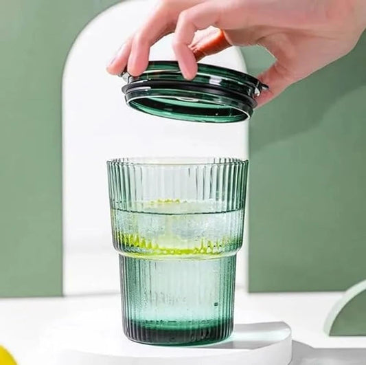Small Glass Mug with Straw - Green Glass & Ribbed Pattern