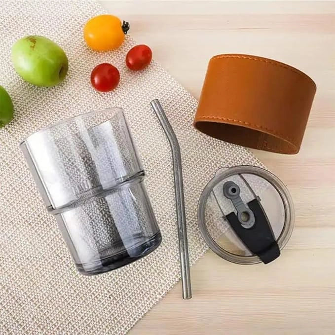 Stylish Glass Coffee Cup with Heat-Resistant Sleeve, Lid & Straw