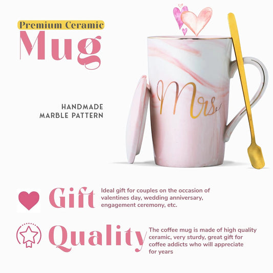 Marble Ceramic Coffee Mugs with Golden Spoon | Mr & Mrs Cup