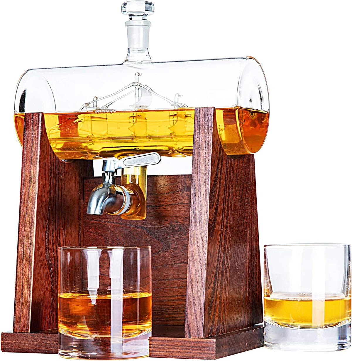 Glass Ship-Inspired Round Decanter with Wooden Stand & 2 Glasses