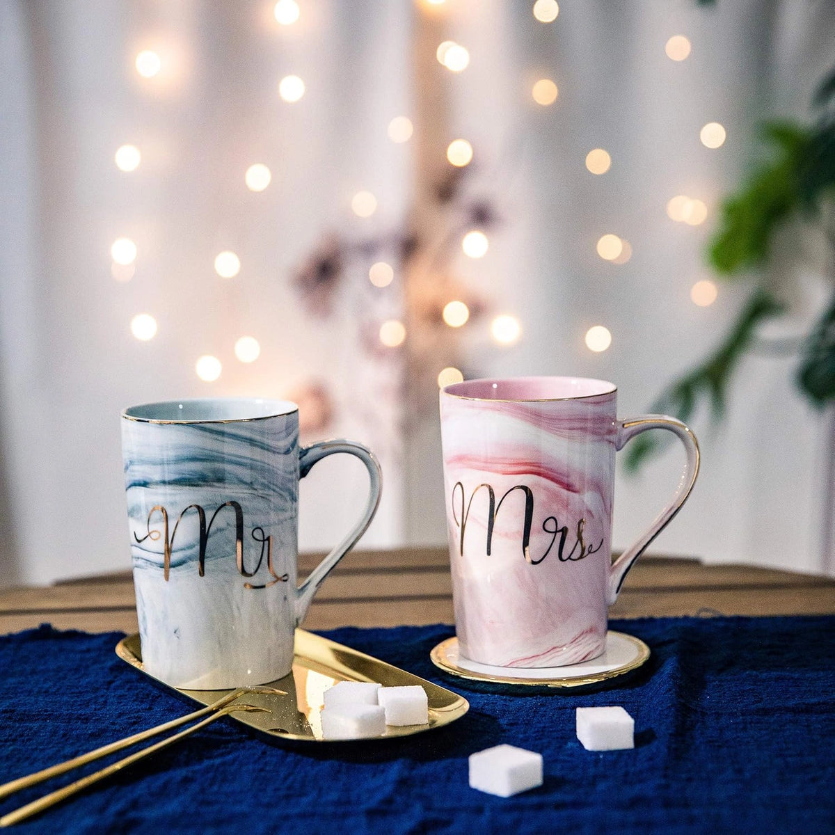 Marble Ceramic Coffee Mugs with Golden Spoon | Mr & Mrs Cup