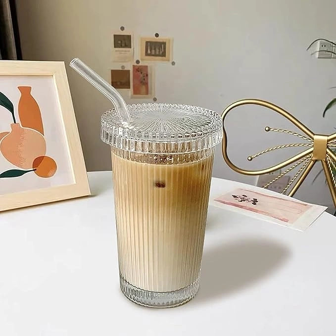 Tall Ribbed Glass Tumbler with Lid & Straw | Vintage Design