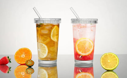 Tall Ribbed Glass Tumbler with Lid & Straw | Vintage Design