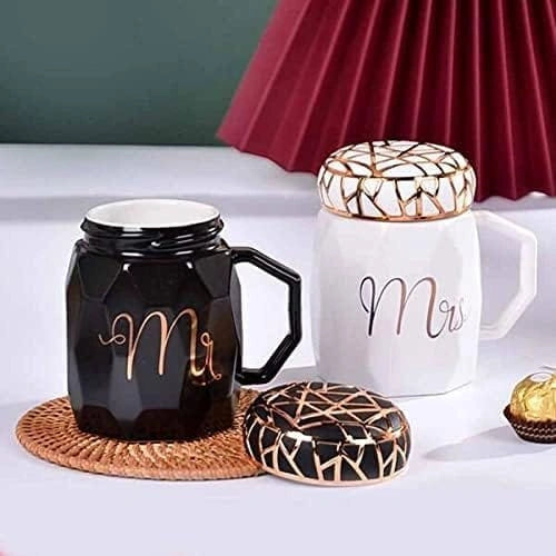Luxury Mr. & Mrs. Ceramic Mug Set | Elegant Gold Print Couple Coffee Cups