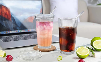 Tall Ribbed Glass Tumbler with Lid & Straw | Vintage Design