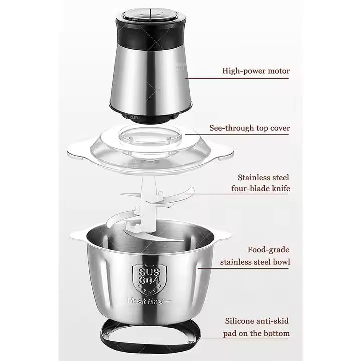 2L Electric Food Chopper 600W | 4 Stainless Steel Blades | 2 Speed Meat, Vegetable & Nut Chopper