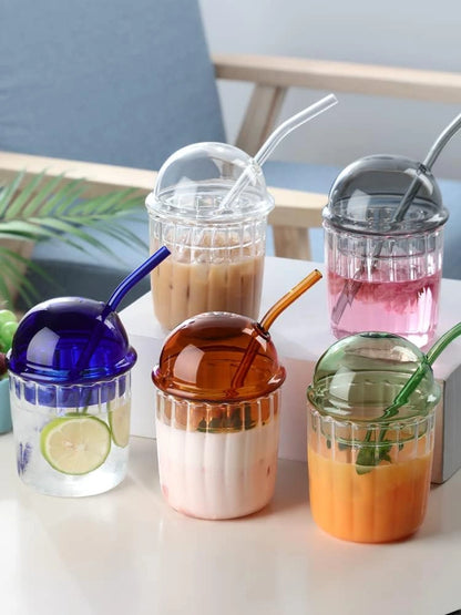 Cute Glass Tumbler with Dome Lid & Straw – Perfect for Drinks On-the-Go