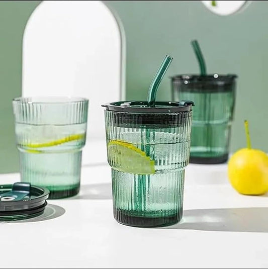 Small Glass Mug with Straw - Green Glass & Ribbed Pattern