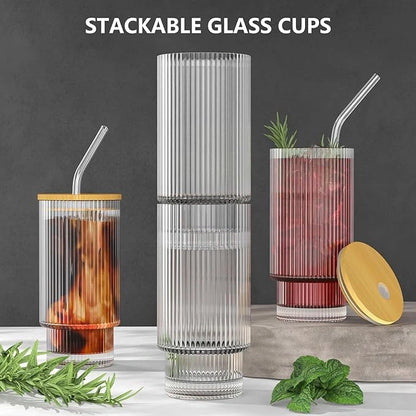 Ribbed Pattern Glass Tumbler with Bamboo Lid & Glass Straw
