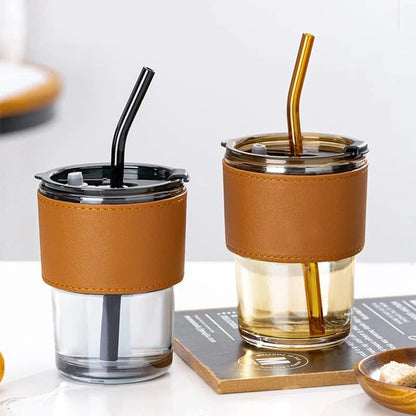Stylish Glass Coffee Cup with Heat-Resistant Sleeve, Lid & Straw