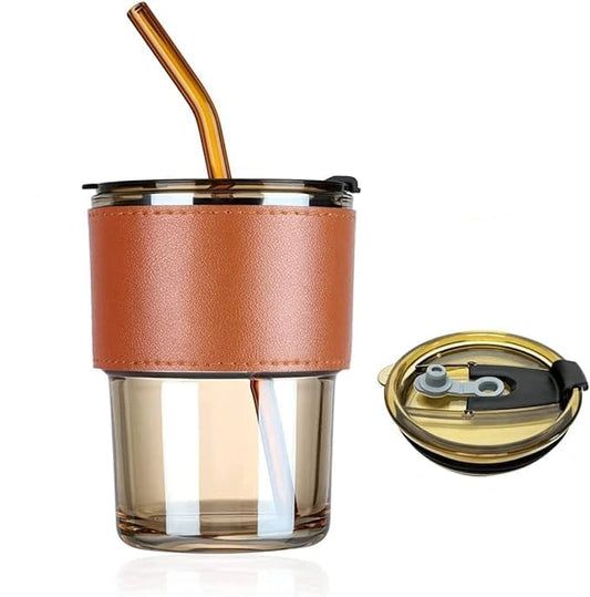 Stylish Glass Coffee Cup with Heat-Resistant Sleeve, Lid & Straw