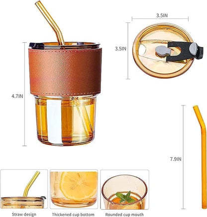 Stylish Glass Coffee Cup with Heat-Resistant Sleeve, Lid & Straw