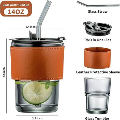 Stylish Glass Coffee Cup with Heat-Resistant Sleeve, Lid & Straw