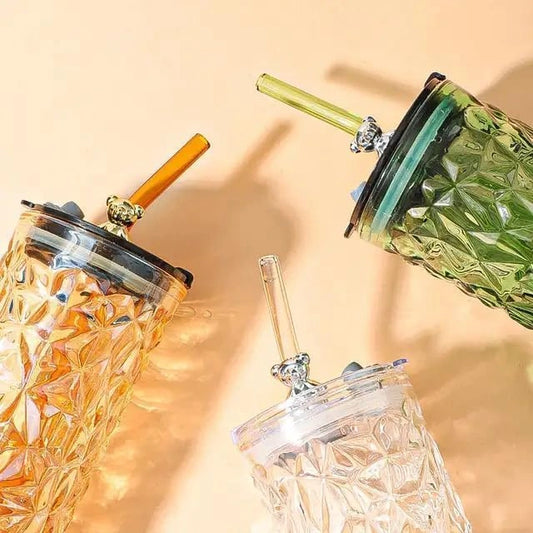 Crystal Embossed Glass Tumbler with Lid & Straw - Multicolor