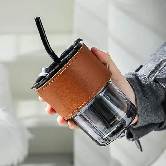 Stylish Glass Coffee Cup with Heat-Resistant Sleeve, Lid & Straw