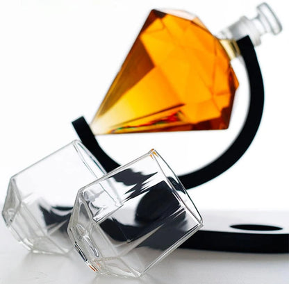 Diamond Shape Glass Decanter Set with 2 Glasses & Stand - Whiskey, Liquor, Bourbon