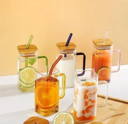 Square Glass Tumbler with Colorful Straw & Handle - Pack of 2