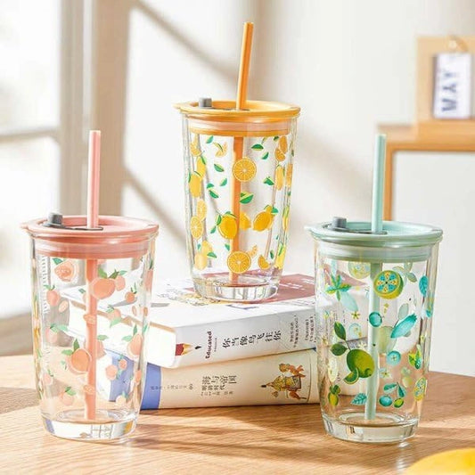 Floarl Pattern Print Glass Iced Coffee/Tea Cup with Straw & Lid