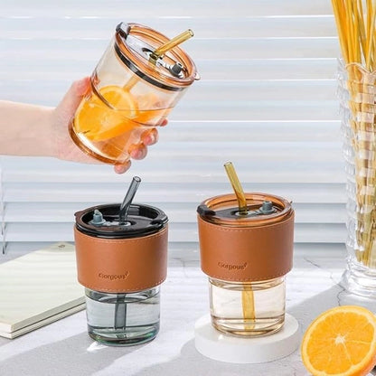 Stylish Glass Coffee Cup with Heat-Resistant Sleeve, Lid & Straw
