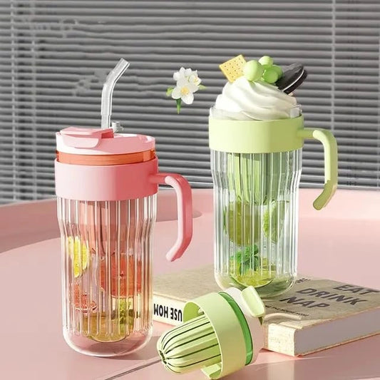 Travel Glass Tumbler with Infuser Lid, Handle, and Straw