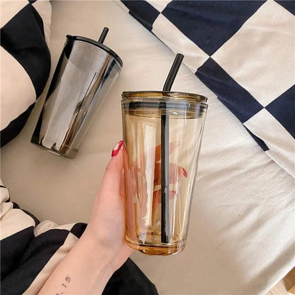 Leather Sleeve Glass Tumbler with Straw & Lid for Hot/Cold Drinks