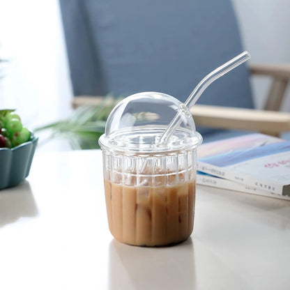 Cute Glass Tumbler with Dome Lid & Straw – Perfect for Drinks On-the-Go