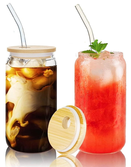 Can Shape Glass Mug with Bamboo Lid & Straw