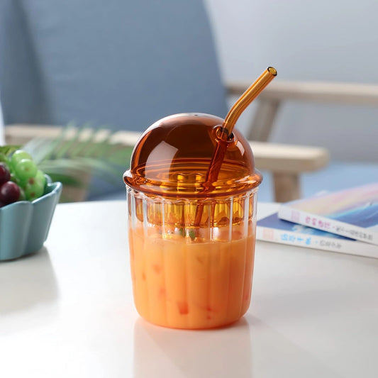 Cute Glass Tumbler with Dome Lid & Straw – Perfect for Drinks On-the-Go