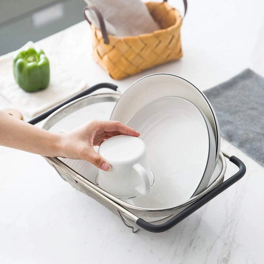 Stainless Steel Over-The-Sink Colander – Fine Mesh Strainer Basket with Expandable Rubber Grip Handles for Rinsing & Draining Fruits, Vegetables, and Pasta