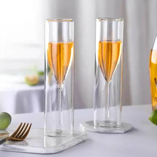 Double-Walled Champagne Glasses | Insulated Flutes for Wine, Cocktails - Set of 6