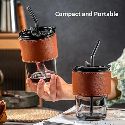 Stylish Glass Coffee Cup with Heat-Resistant Sleeve, Lid & Straw