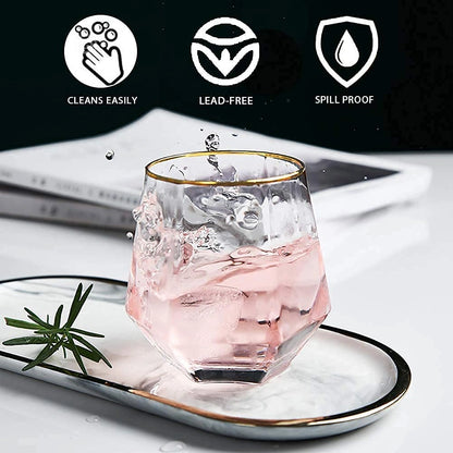 Hexa Shape Golden Rim Whiskey Glasses - Set of 6