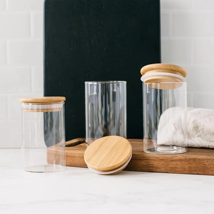 VANTARA Airtight Glass Spice Jars Set (320ml Round) – Bamboo Lid Kitchen Storage Containers for Salt, Sugar, Coffee & Spices