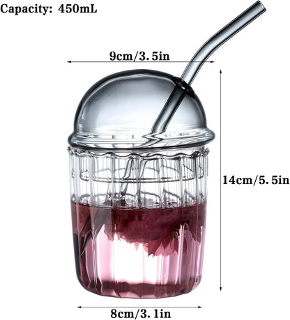 Cute Glass Tumbler with Dome Lid & Straw – Perfect for Drinks On-the-Go