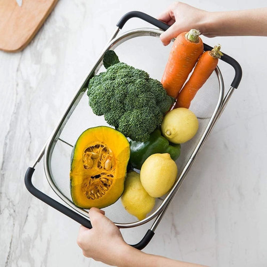 Stainless Steel Over-The-Sink Colander – Fine Mesh Strainer Basket with Expandable Rubber Grip Handles for Rinsing & Draining Fruits, Vegetables, and Pasta