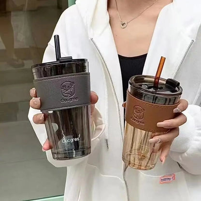 Leather Sleeve Glass Tumbler with Straw & Lid for Hot/Cold Drinks