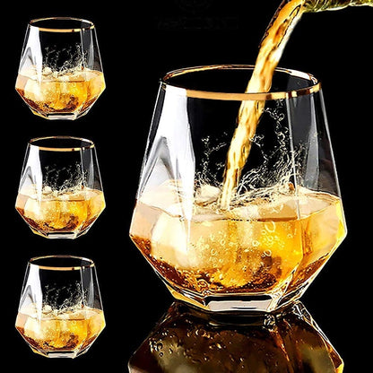 Hexa Shape Golden Rim Whiskey Glasses - Set of 6