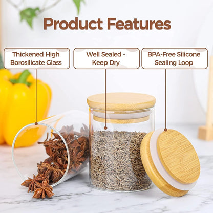 VANTARA Airtight Glass Spice Jars Set (320ml Round) – Bamboo Lid Kitchen Storage Containers for Salt, Sugar, Coffee & Spices
