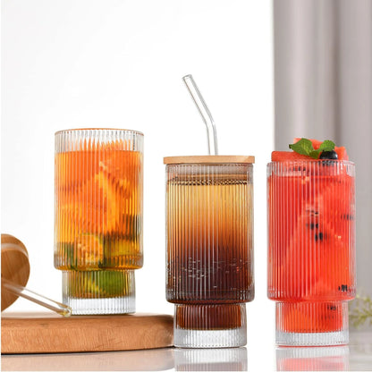 Ribbed Pattern Glass Tumbler with Bamboo Lid & Glass Straw