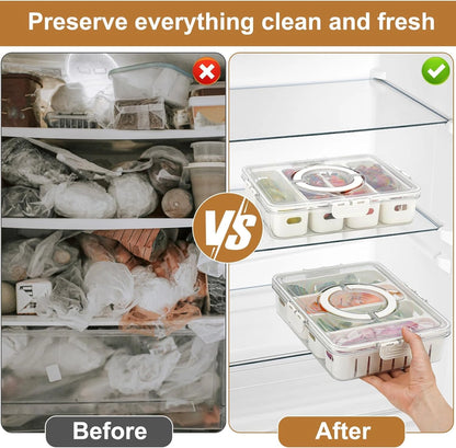 Fridge Storage Boxes With 4 Compartment, Lid & Handle - Fridge Organizer