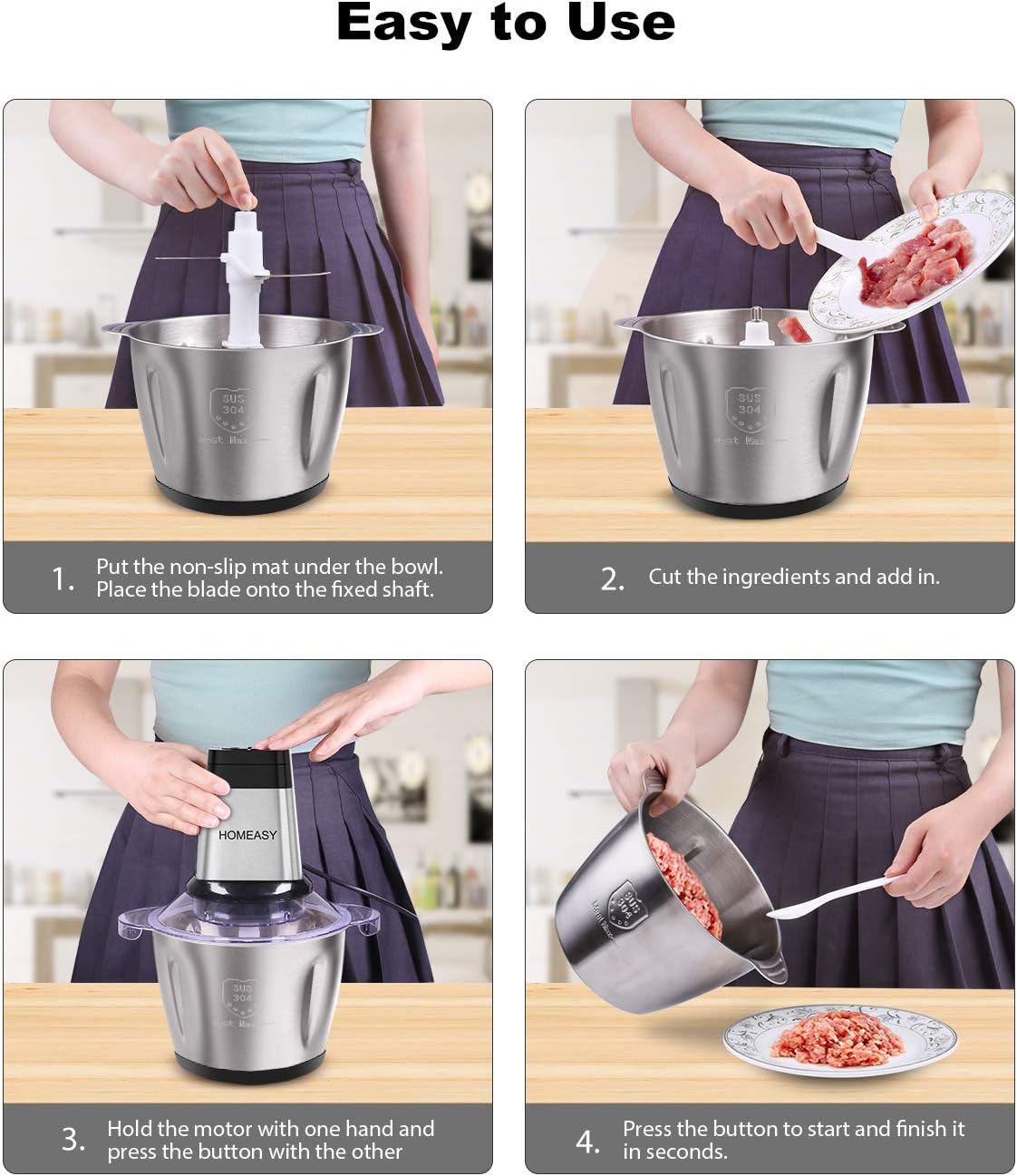 2L Electric Food Chopper 600W | 4 Stainless Steel Blades | 2 Speed Meat, Vegetable & Nut Chopper