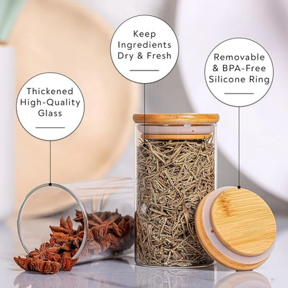 VANTARA Airtight Glass Spice Jars Set (320ml Round) – Bamboo Lid Kitchen Storage Containers for Salt, Sugar, Coffee & Spices