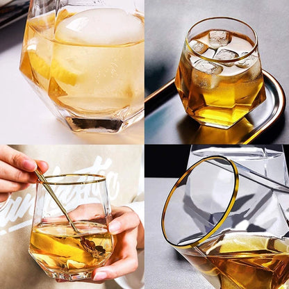 Hexa Shape Golden Rim Whiskey Glasses - Set of 6