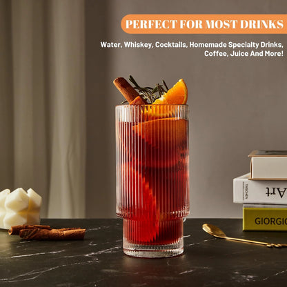 Ribbed Pattern Glass Tumbler with Bamboo Lid & Glass Straw