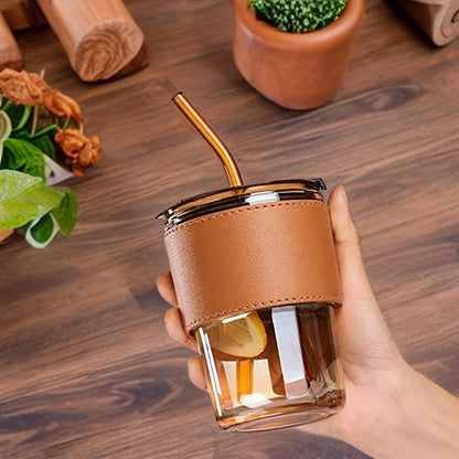 Stylish Glass Coffee Cup with Heat-Resistant Sleeve, Lid & Straw