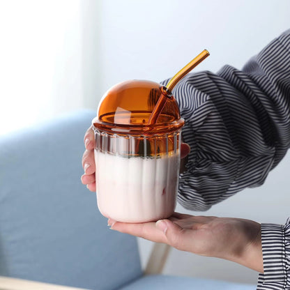 Cute Glass Tumbler with Dome Lid & Straw – Perfect for Drinks On-the-Go