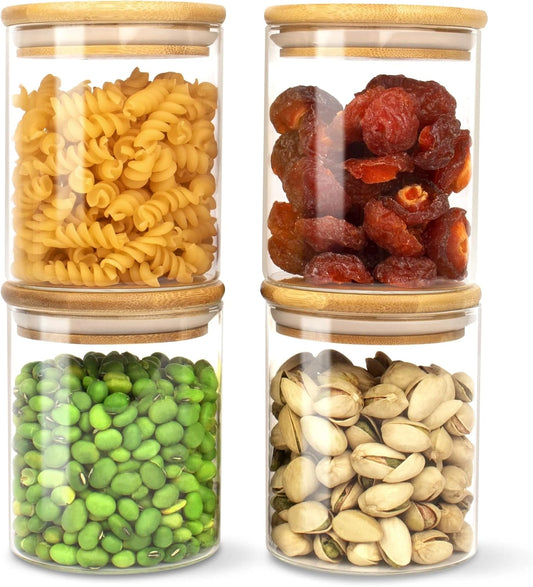 VANTARA Airtight Glass Spice Jars Set (320ml Round) – Bamboo Lid Kitchen Storage Containers for Salt, Sugar, Coffee & Spices