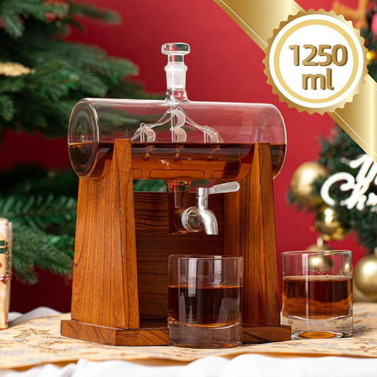 Glass Ship-Inspired Round Decanter with Wooden Stand & 2 Glasses